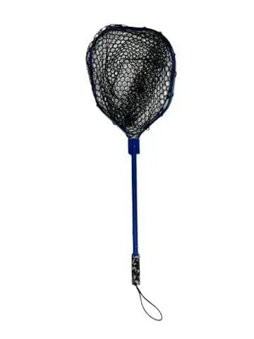 Kayak Landing Net Rubber Bag(Camo Handle Grip) with electric blue handle and netting for fishing.