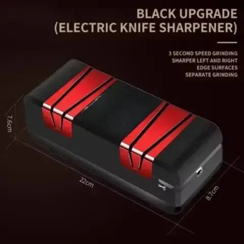 Electric Knife Sharpner 50 Watt in sleek black design with red accents and specifications for fast grinding.