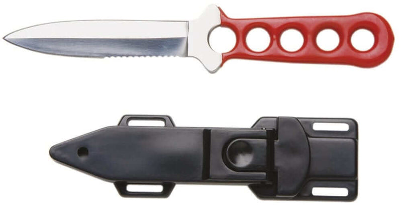 Dive Knife 11cm blade with sheath and straps, featuring a red handle and serrated edge.