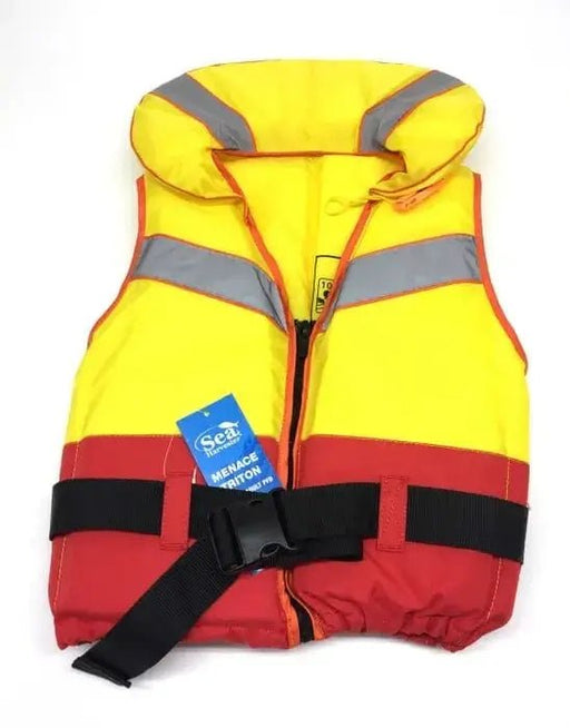 Sea Harvester Life Jackets Adult in bright yellow and red with reflective strips and adjustable waist clip.
