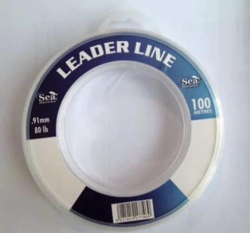 Sea Harvester Leader Line 60lb 100m Spool in clear packaging, designed for fishing durability and invisibility underwater.