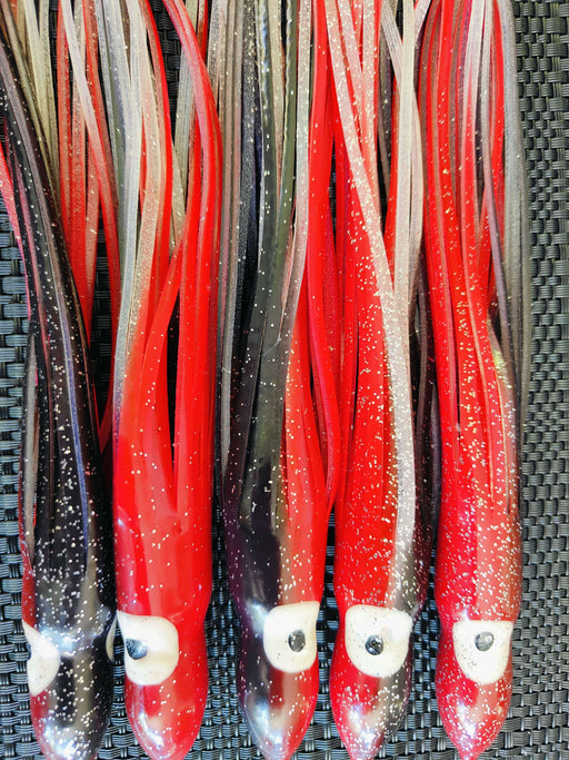 Red Octopus Skirts - 180mm 5pcs featuring vibrant red designs with luminous eyes for enhanced fishing rig visibility.