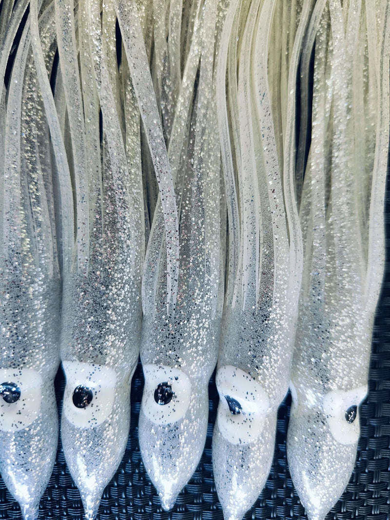 Silver Octopus Skirts - 150mm 5pcs - Sparkling silver fishing lures with luminous eyes in a pack of five.