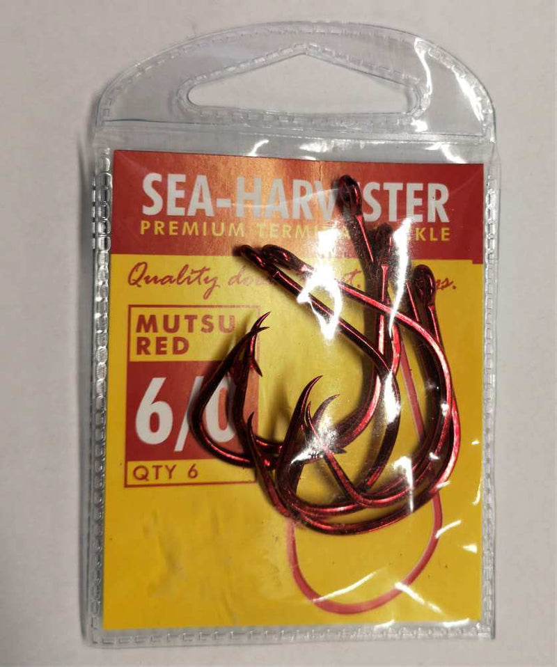 Sea Harvester Mutsu red hook 6/0 pkt 6 in packaging featuring premium fishing tackle design.
