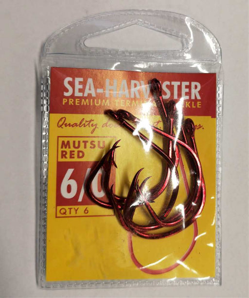 Sea Harvester Mutsu red hook 6/0 pkt 6 in packaging featuring premium fishing tackle design.