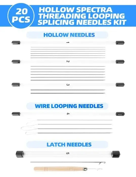 Bulletproof Bluewing Hollow Spectra Threading Looping Splicing Needles Kit, 20pc displayed with needle types.