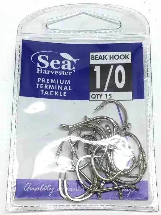 Nickle Beak Hook 1/0 Pkt 15 in packaging, featuring strong, lightweight fishing hooks for rigging baits.