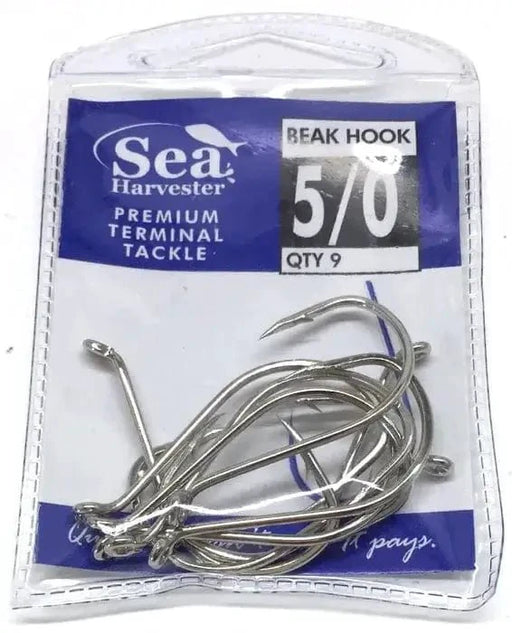 Nickle Beak Hook 5/0 Pkt 9 featuring strong, lightweight, chemically-sharpened points for fishing.