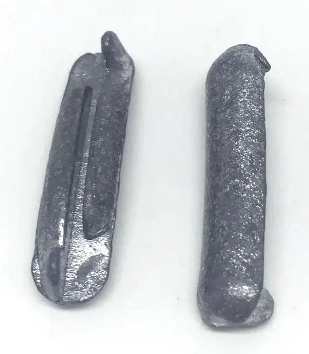 Pinch On Sinkers 5.5 Gms Qty 50 - close-up view of two durable metal fishing sinkers.