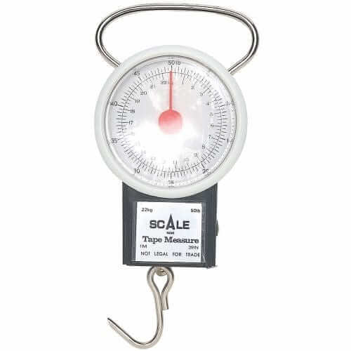SCALE WITH TAPE 50LB digital scale with easy-to-read dial and built-in tape measure for accurate weighing.