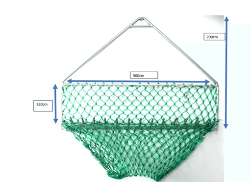 Heavy Duty Scallop Dredge Large for NZ 900cm x 700cm with green net basket and metal frame.