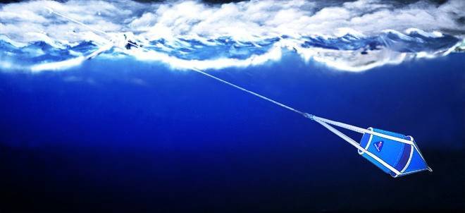 Sea Anchors For Softbaiting 4m to 10m Boats image showing a drift anchor underwater with a fishing line.