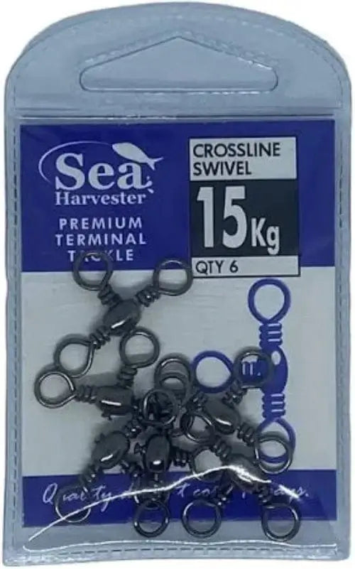 Sea Harvester Cross Line Swivel 15kg pack containing 6 durable swivels for reliable fishing connections.