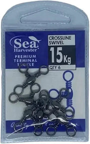 SH Blue Cross Line Swivel 15kg packaged product with six swivels for fishing tackle.