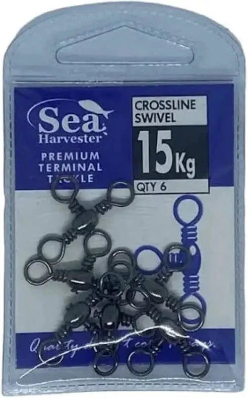 SH Blue Cross Line Swivel 15kg packaged product with six swivels for fishing tackle.