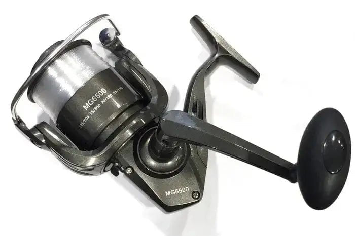 Sea Harvester Combo 12' Surf Rod/6500 Reel 3 Pce spooled 25lb mono fishing reel close-up.