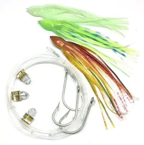 Broadbill Rig 12/0 J Hook Triple Pack including colorful skirts, hooks, and LED lights for sword fishing.