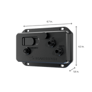 Seakeeper Ride 525 connection panel with Ethernet, SK, and NMEA ports, measuring 6.7 in x 4.3 in x 1.8 in.