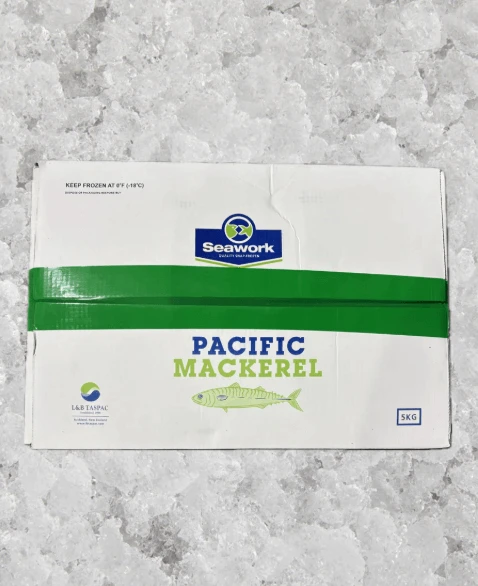 SWPM5 - Pacific Mackerel IQF Frozen Whole Seawork 5kg packaging on ice, showcasing brand and weight.