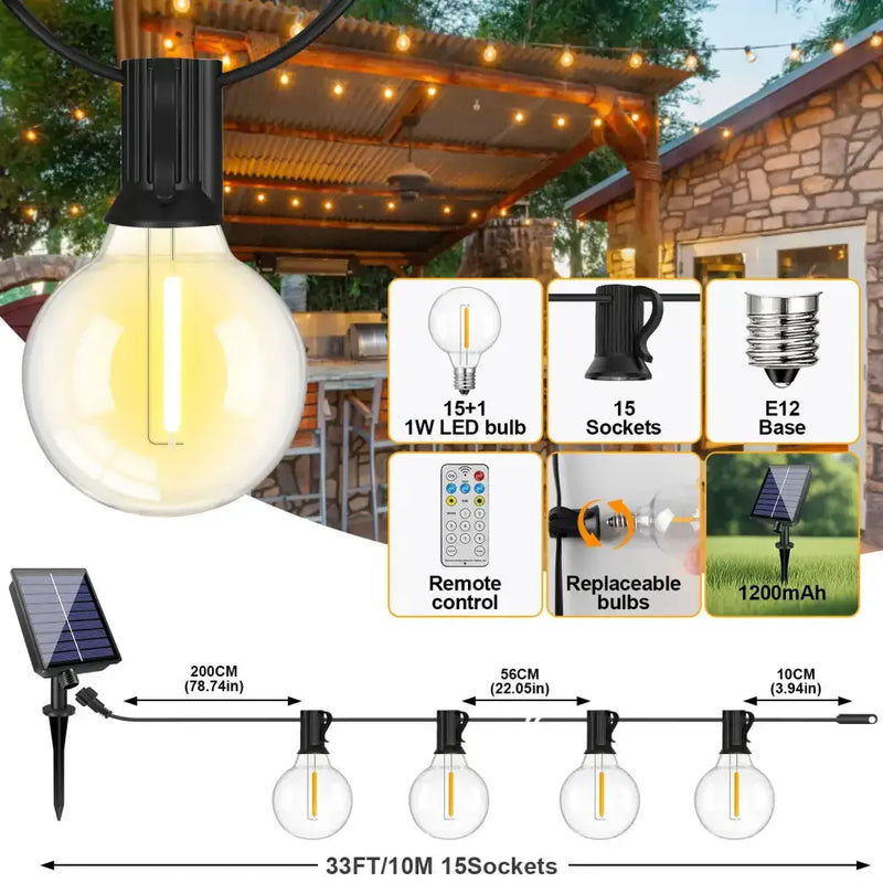 Shatterproof Solar String Lights G40 (Waterproof) with USB & Remote Control by Habicare