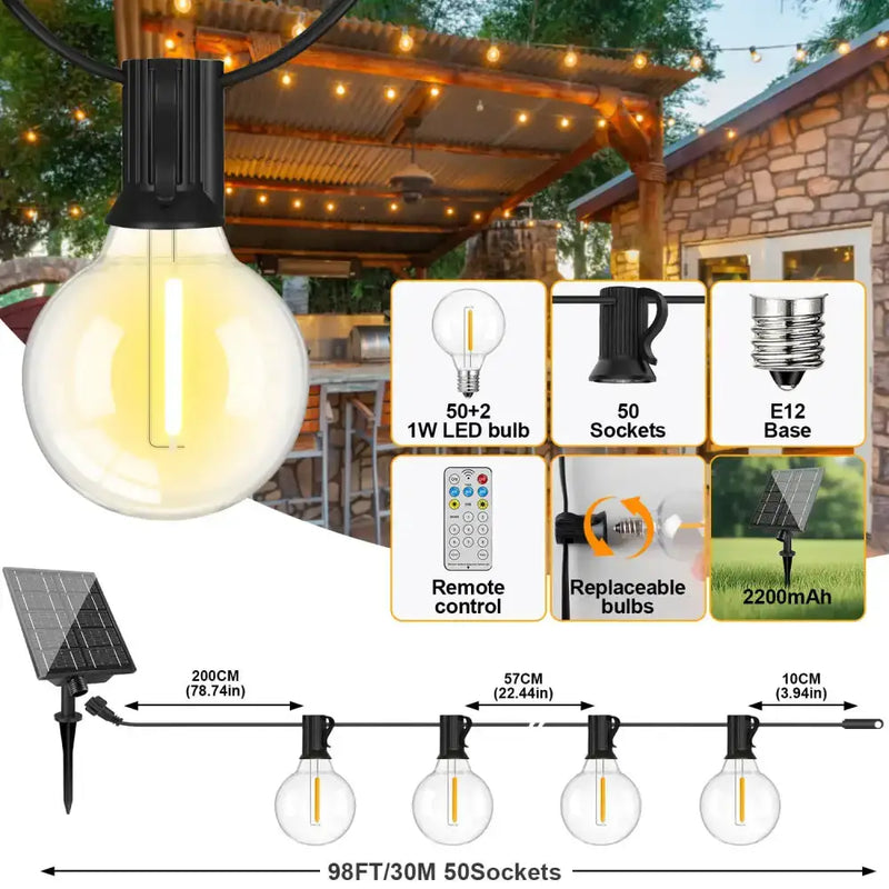 Shatterproof Solar String Lights G40 (Waterproof) with USB & Remote Control by Habicare