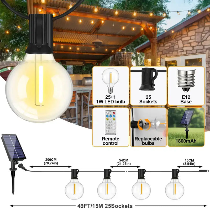 Shatterproof Solar String Lights G40 (Waterproof) with USB & Remote Control by Habicare