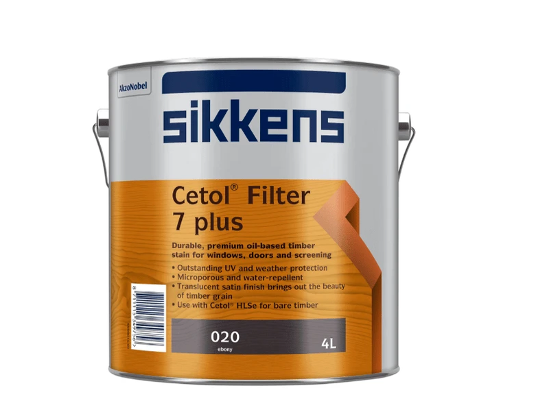 Sikkens Filter 7 Plus Ebony 4L woodstain can for exterior timber protection and enhancement.