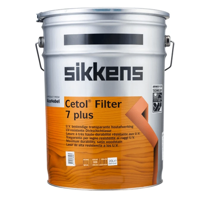 Sikkens Filter 7 Plus Light Oak 20L canister displaying exterior woodstain characteristics and UV protection features.