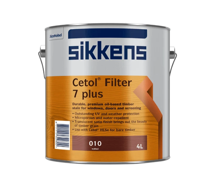 Sikkens Filter 7 Plus Walnut 4L exterior woodstain can for timber protection against sun and moisture.