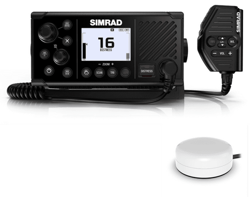 Simrad RS40-B AIS Transceiver VHF Radio with microphone and GPS antenna, designed for marine communication safety.