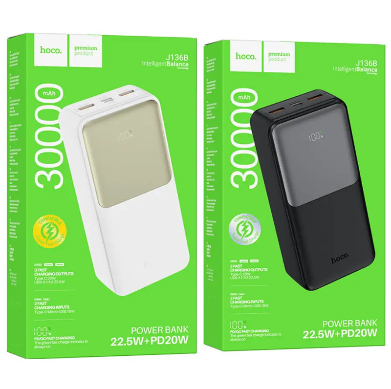 J136B 30000mAh Fast Charging Power Bank – 20W PD, Dual USB-A, Type-C Input/Output by techplus