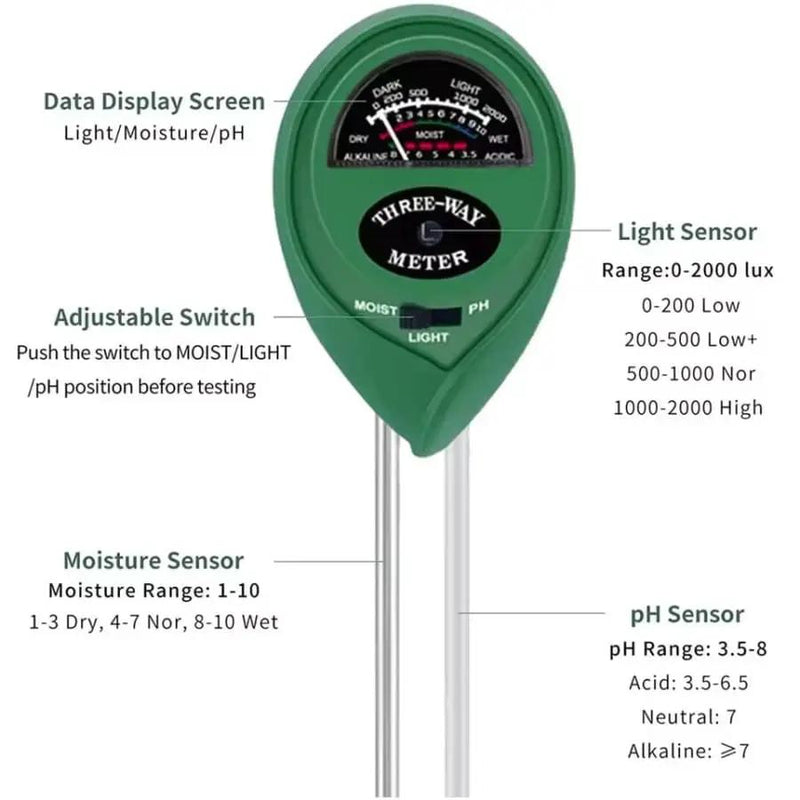 Soil Tester - pH, Moisture, Light Meter - 3 in 1 by 9eight5