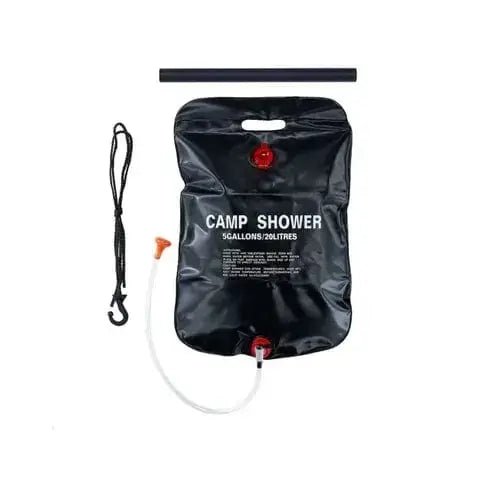 Solar Shower 20 L Capacity - portable camp shower bag with hose and hanging strap for outdoor use.