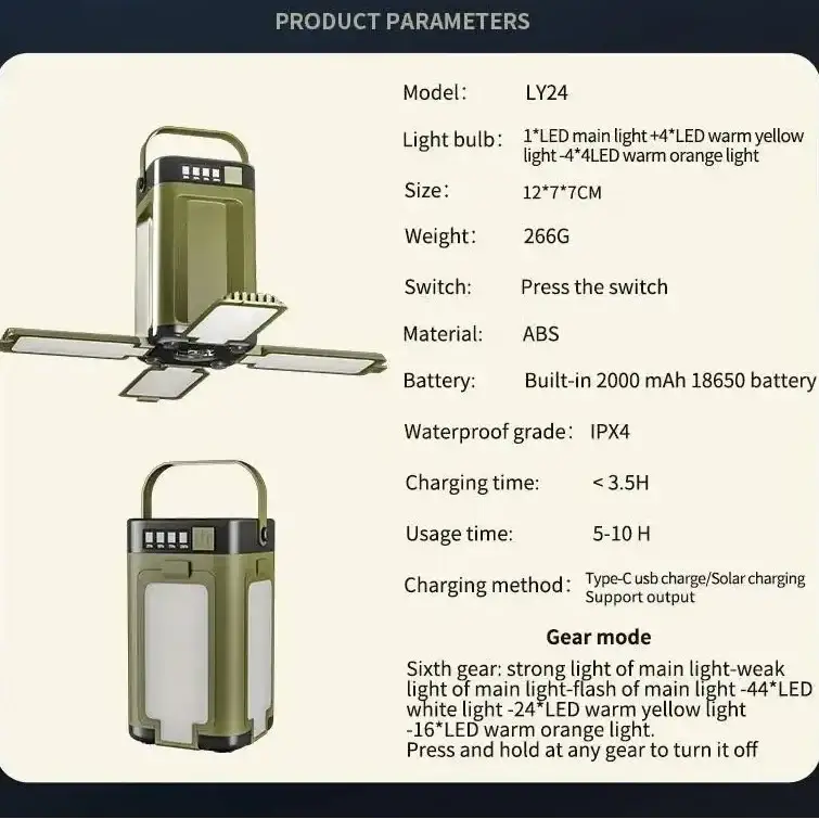 Foldable Solar Camping Light 2000mAh with Power Bank & Digital Display by Habicare