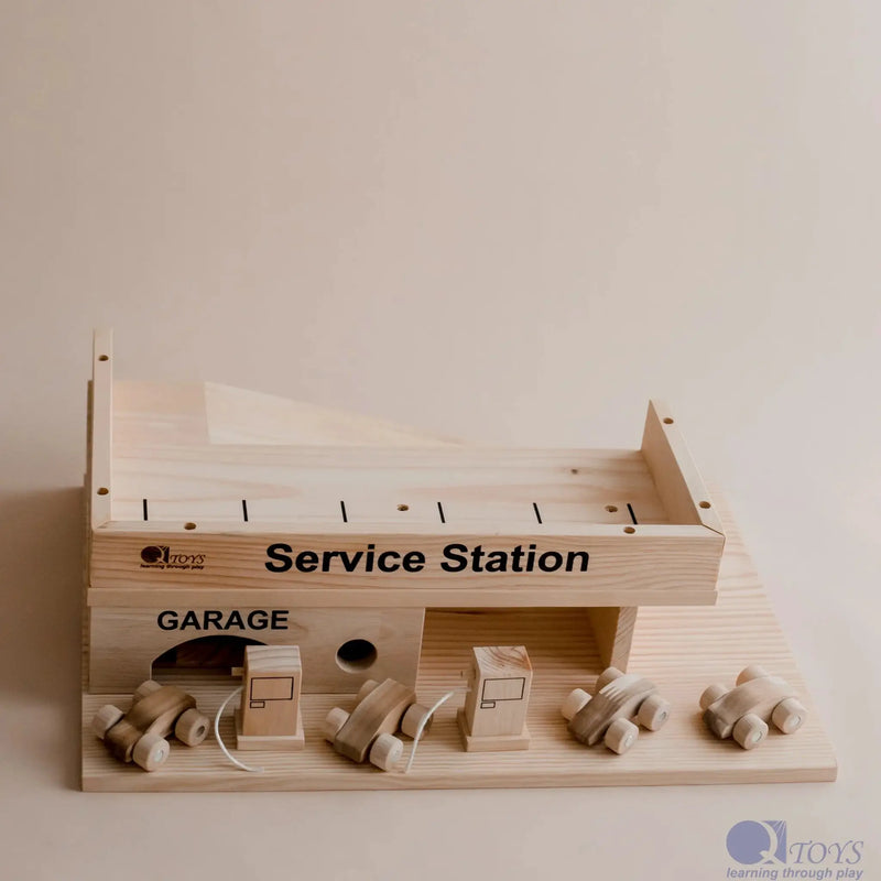 Wooden Service Station with Cars - QToys | Wooden Toy NZ by Curious Moonbeam