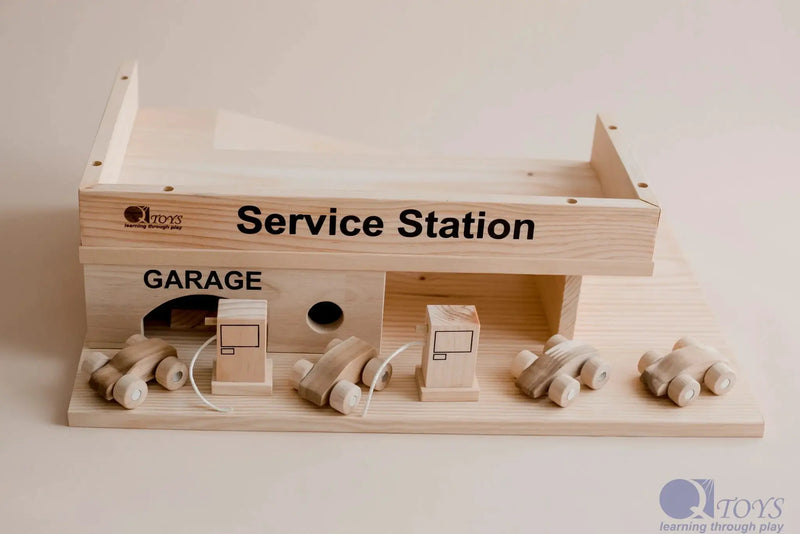 Wooden Service Station with Cars - QToys | Wooden Toy NZ by Curious Moonbeam