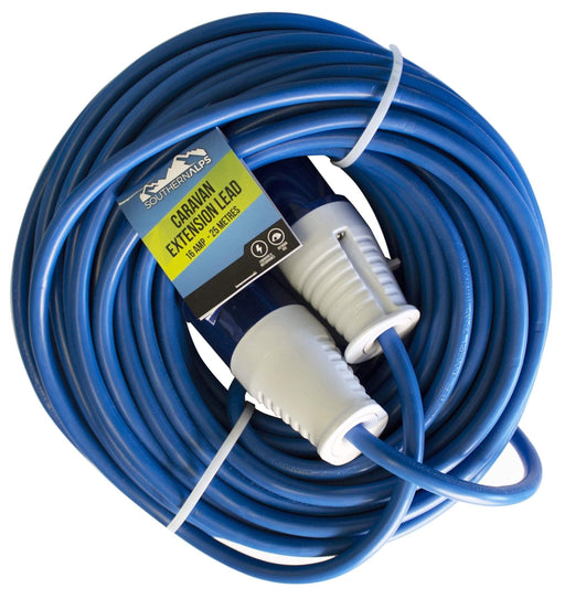Southern Alps Caravan Extension Lead - 25m heavy duty 16AMP blue extension cord for caravan and motorhome use.