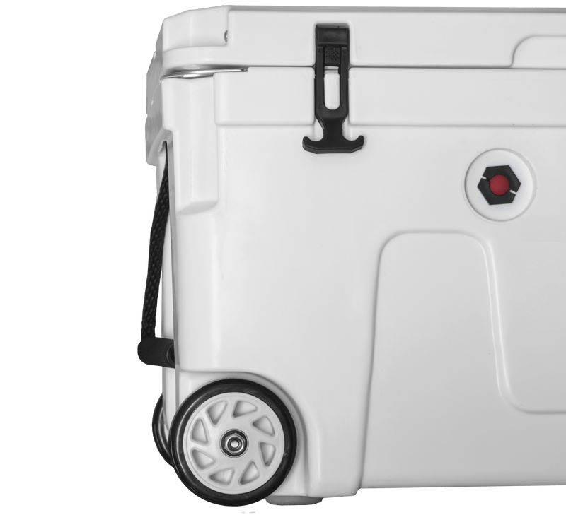 Southern Ocean 140L Cooler Bin With Wheels and Vent Valve side view with wheels and durable handle.