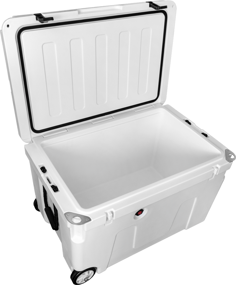 Southern Ocean 140L Cooler Bin With Wheels and Vent Valve open, showcasing interior space for ice and food.