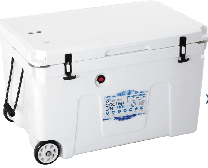 Southern Ocean 140L Cooler Bin With Wheels and Vent Valve in white, designed to keep contents ice cold.