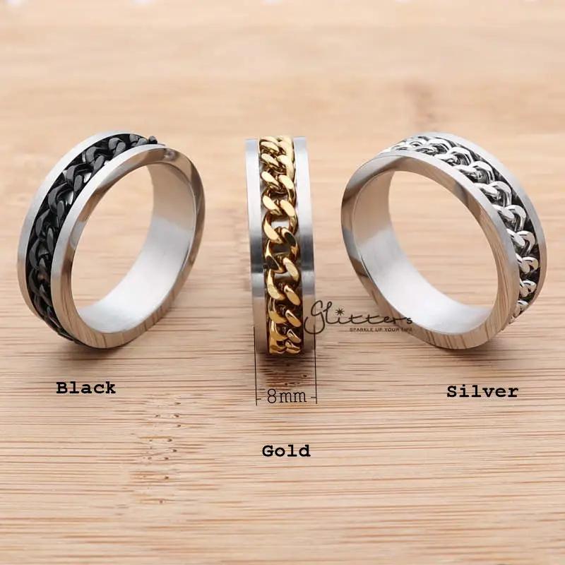 Stainless Steel 8mm Spinning Chain Ring - Silver | Gold | Black by Glitters