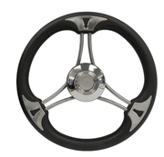 Stainless steel flat steering wheel with sleek design and durable grip, perfect for marine applications.