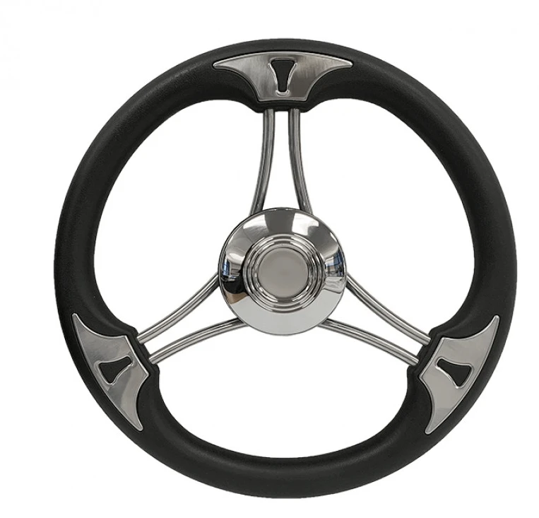 Stainless steel flat steering wheel with sleek design and durable grip, perfect for marine applications.