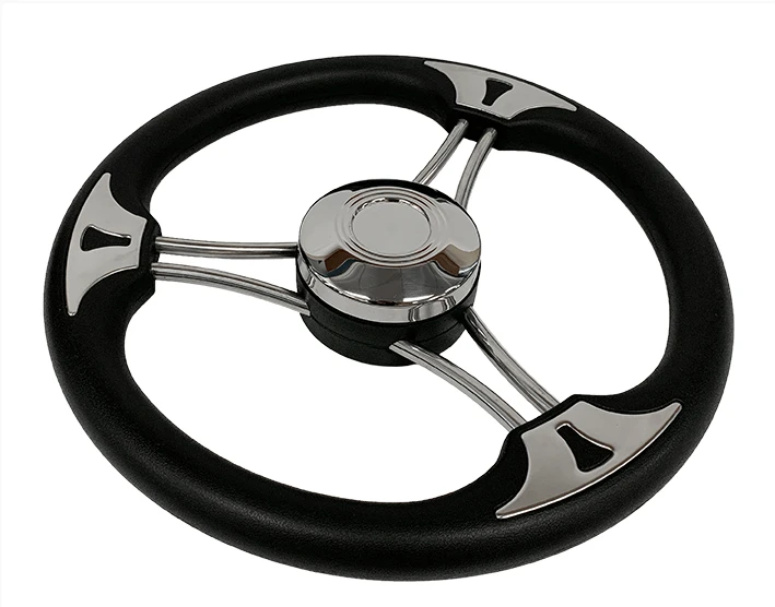 Stainless steel flat steering wheel with a modern design and durable materials, perfect for marine applications.