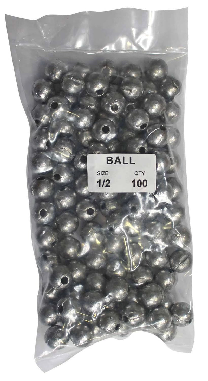 Ball Sinker Bulk Pack 1/2oz (100 per pack) in a clear plastic bag, displaying shiny silver ball sinkers.