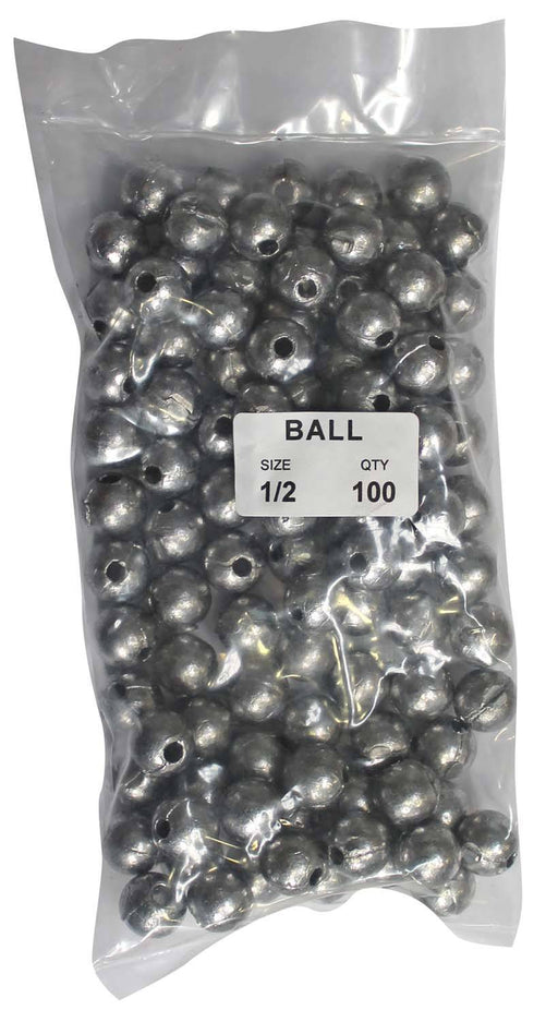 Ball Sinker Bulk Pack 1/2oz (100 per pack) in a clear plastic bag, displaying shiny silver ball sinkers.