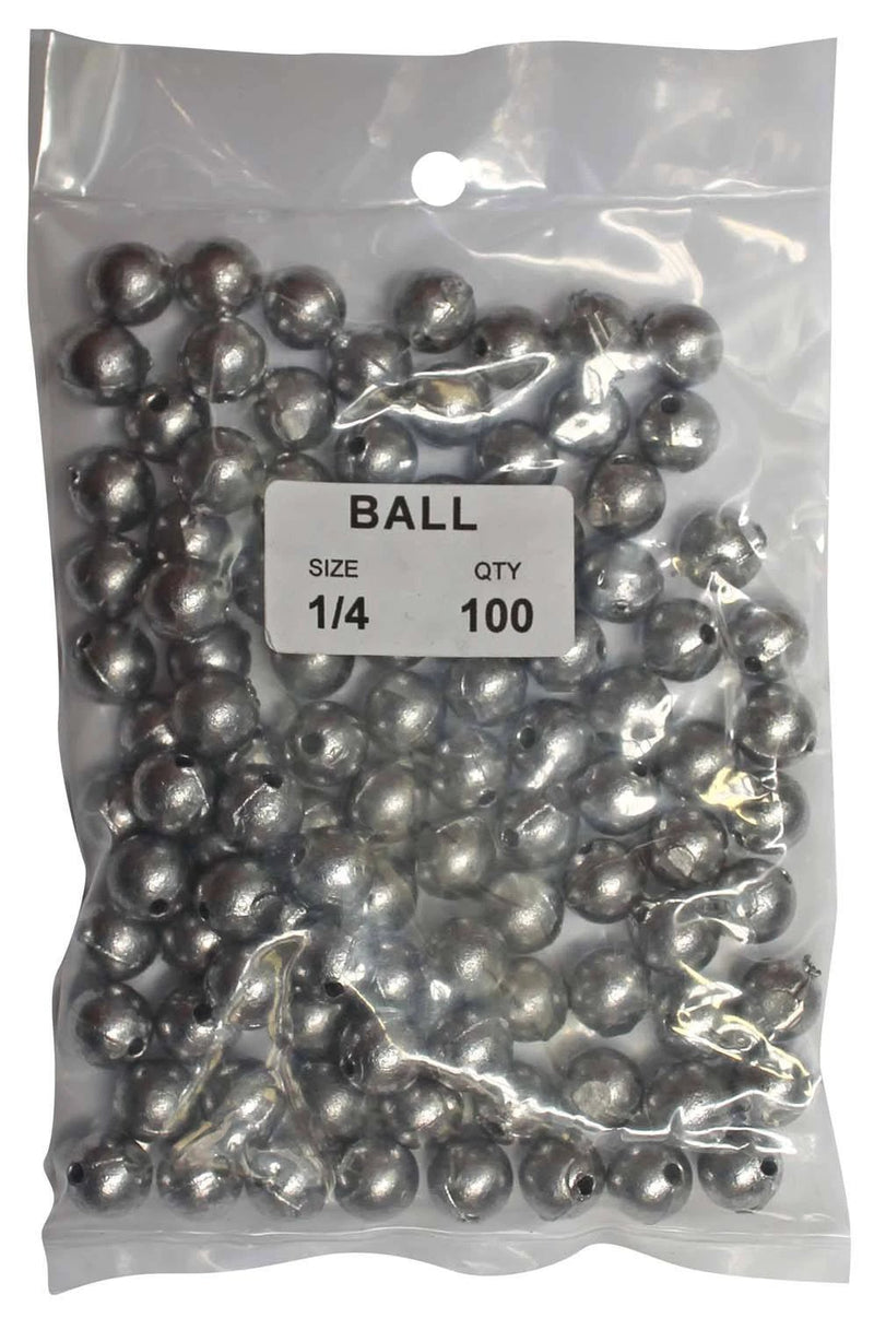 Ball Sinker Bulk Pack 1/4oz (100 per pack) in clear packaging, ideal for fishing sinker rigs.