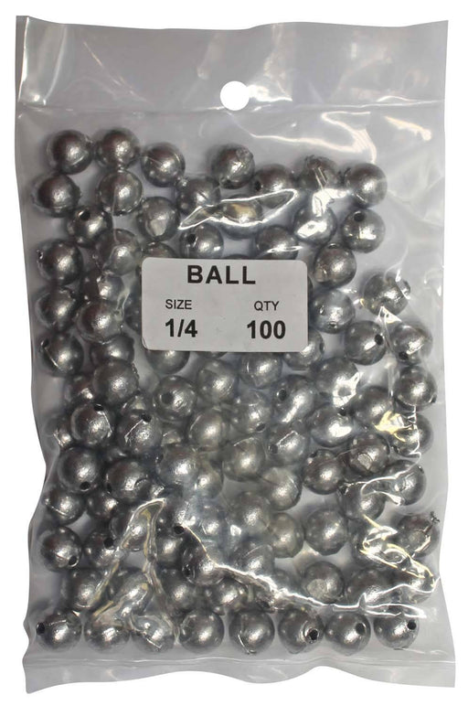 Ball Sinker Bulk Pack 1/4oz (100 per pack) in clear packaging, ideal for fishing sinker rigs.