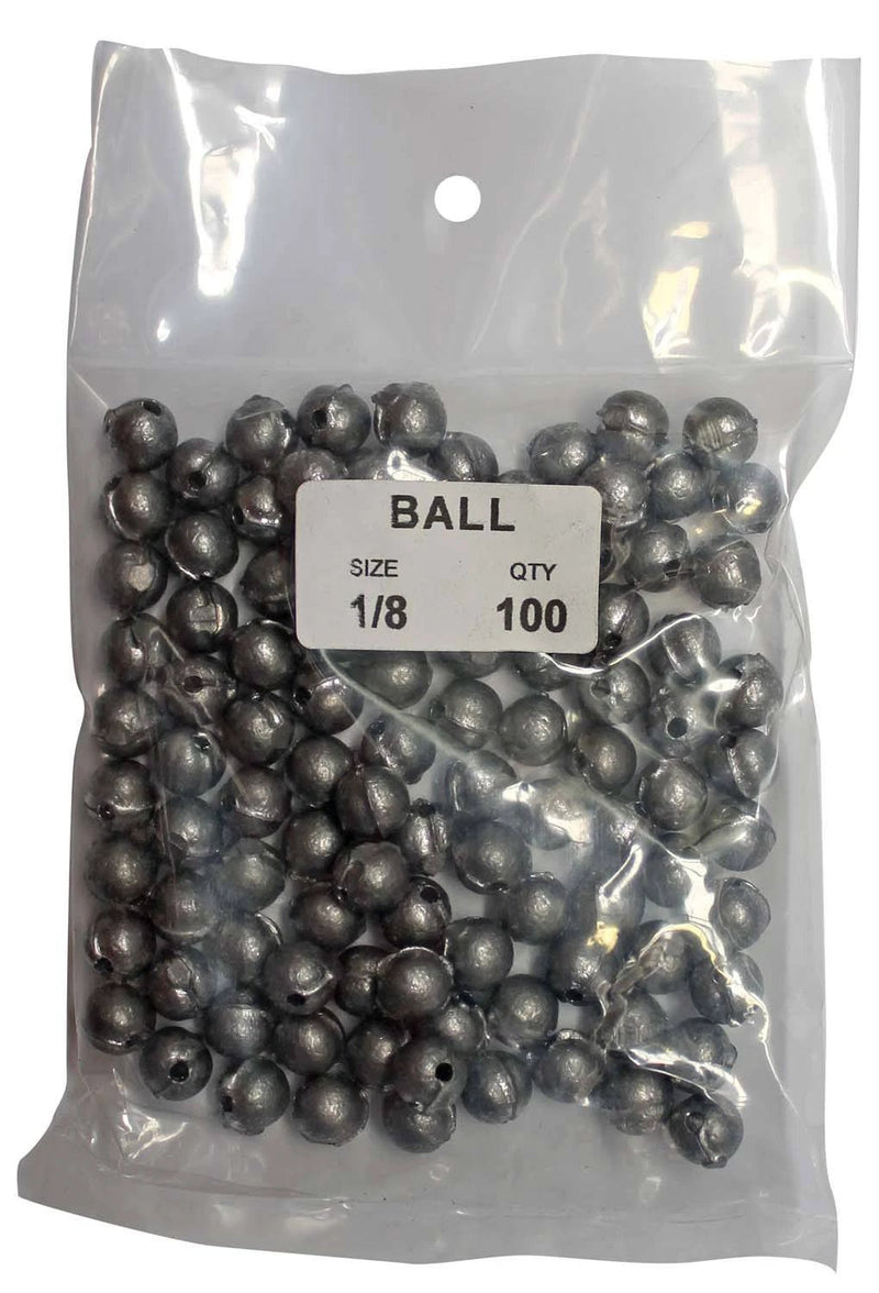 Ball Sinker Bulk Pack 1/8oz (100 per pack) in a clear plastic bag, perfect for fishing sinker rigs.