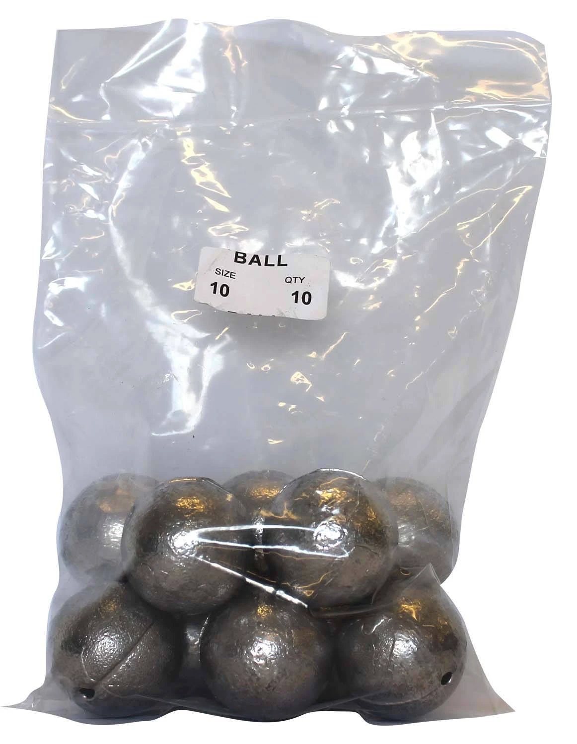 Ball Sinker Bulk Pack 10oz (10 per pack) in clear bag showcasing 10 metal ball sinkers for fishing.